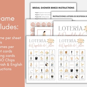May include: A bridal shower bingo game set featuring printed instruction sheets, calling cards, bingo chips, and game boards with the text LOTER&Iacute;A de Despedida de Soltera, decorated with illustrations of wedding-themed icons and floral accents.