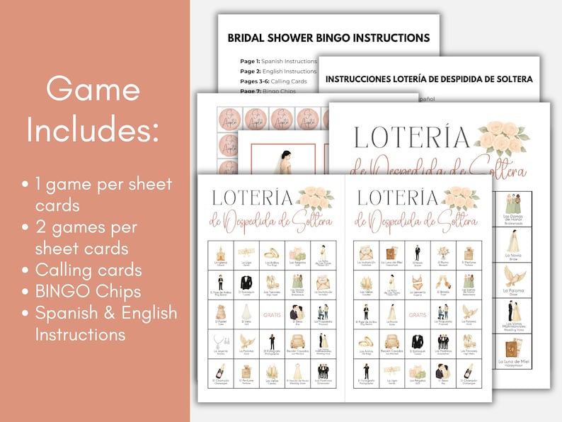 May include: A bridal shower bingo game set featuring printed instruction sheets, calling cards, bingo chips, and game boards with the text LOTER&Iacute;A de Despedida de Soltera, decorated with illustrations of wedding-themed icons and floral accents.
