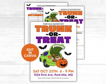 Edytowalna ulotka Trunk or Treat, formularz rejestracyjny Trunk or Treat, rejestracja Trunk or Treat, wydarzenie szkolne Trunk or Treat