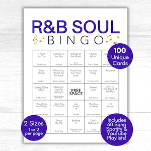 May include: A white R&B Soul Bingo game card with a purple and gold design. The card features song titles and artist names, with text that reads "100 Unique Cards" and "Includes 60 Song Spotify & YouTube Playlists!"