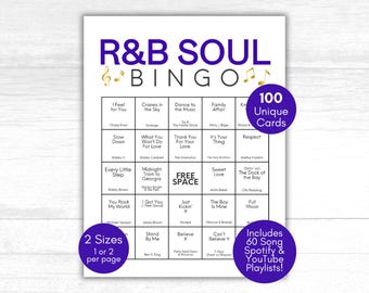 R&B Songs Bingo, RB Music Bingo, Soul Music Bingo, Music Party Activity, Music Bingo Game, Printable Bingo Cards, Spotify Playlist, 100 Card