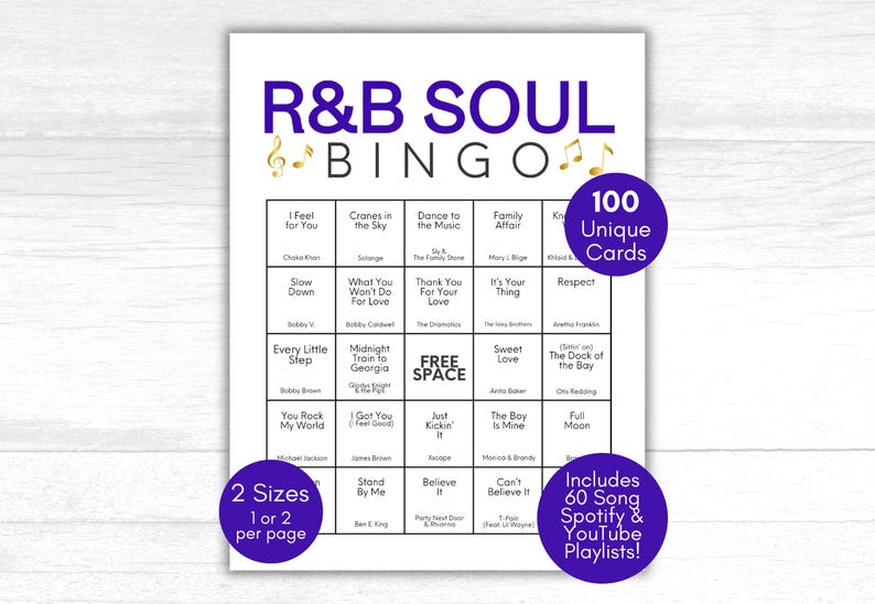 May include: A white R&B Soul Bingo game card with a purple and gold design. The card features song titles and artist names, with text that reads "100 Unique Cards" and "Includes 60 Song Spotify & YouTube Playlists!"