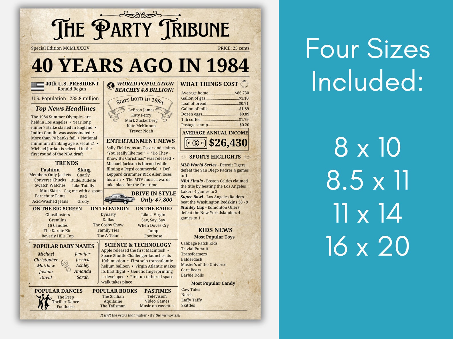 1984 Birthday Poster, 40th Birthday Newspaper, 1984 Newspaper Sign, 40th Birthday Decoration