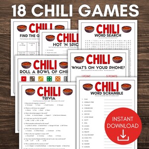 Chili Spiele Bundle, Chili Kochspiele, Chili Party Spiele, Chili Koch-Trivia, Chili Wettbewerb, Chili Trivia, Chili Bingo, Chili Wortsuche