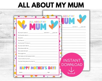 All About My Mum Printable, Mother's Day Gift, All About Mom Keepsake Gift, Gift from Child, Gift Ideas for Mom, Printable PDF