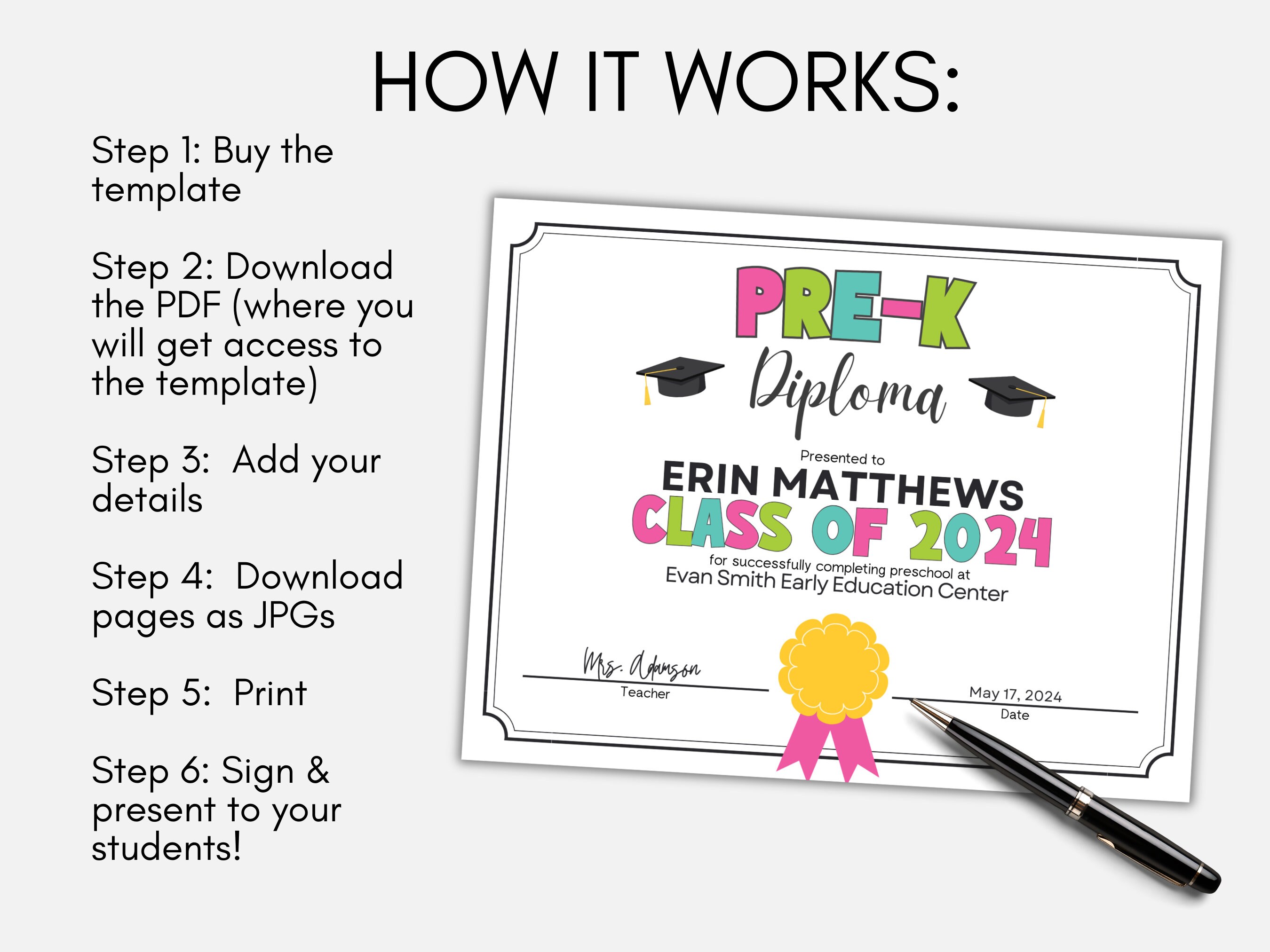 Pre-k Diploma Template, Pre-k Graduation, Printable Prek Graduation