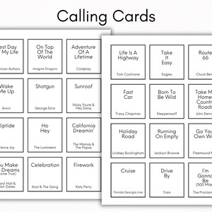May include: Two white sheets of paper with the text "Calling Cards" at the top. Each sheet has multiple square cards with song titles and artist names, including "Best Day Of My Life" and "Life Is a Highway."