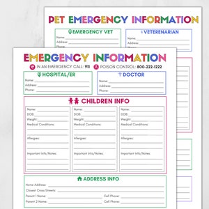 Emergency Information Sheet, Babysitter Binder, Childcare Form, Pet Sitter Notes, Fillable PDF,