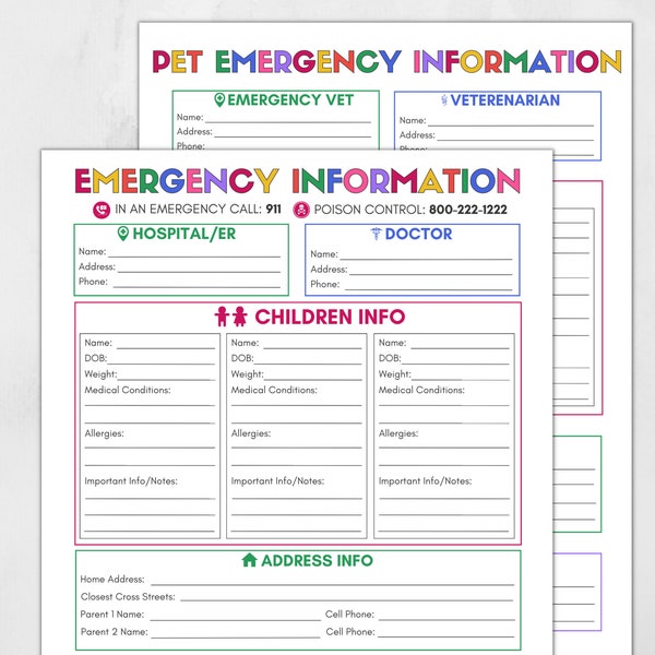 Fiche d'information d'urgence, classeur de baby-sitter, formulaire de garde d'enfants, notes de garde d'animaux, PDF à remplir,