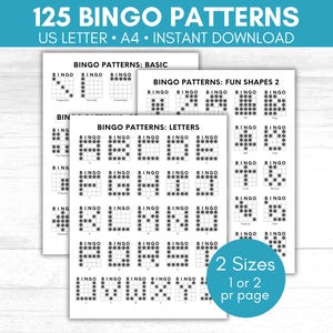 125 patrones de bingo para imprimir, patrones ganadores de bingo, formas de bingo, números de bingo, alfabeto de bingo, signos de bingo, símbolos de bingo