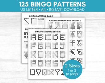 May include: A printable sheet of 125 bingo patterns in black and white. The patterns are arranged in columns with the title "Bingo Patterns" above each column. The titles of the columns are "Basic", "Fun Shapes 2", and "Letters". The text "2 Sizes 1 or 2 per page" is in a blue circle at the bottom right corner of the sheet.