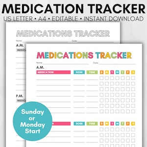 Medication Tracker Template, Printable Weekly Med Planner, Daily Pill Chart, Fillable Medication Log, Prescription & Vitamin List