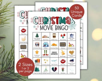 May include: A printable Christmas movie bingo card with 50 unique cards. The card has a free space in the center and 24 squares with various Christmas movie themes, such as tree lighting ceremony, sipping eggnog, Christmas party, office, Christmas meal, baking, falling business, bell ringer, eating Christmas cookies, wrapping presents, Christmas spirit, flight delayed, near kiss, broken down vehicle, trees for sale, singing carols, misunderstanding, mistletoe, and snowing.