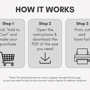May include: An infographic titled "HOW IT WORKS" with three steps. Step 1: Click "Add to Cart" and make your purchase, with a shopping cart icon. Step 2: Open instructions and download the PDF, with a downward arrow. Step 3: Print, cut, and have fun, with a printer icon.