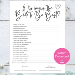 Who Knows the Bride to Be Best Game, How well do you know the bride, Simple Bridal Shower Game, Bridal Shower Trivia, Modern Bridal Shower