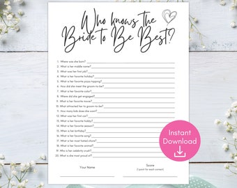 Who Knows the Bride to Be Best Game, How well do you know the bride, Simple Bridal Shower Game, Bridal Shower Trivia, Modern Bridal Shower