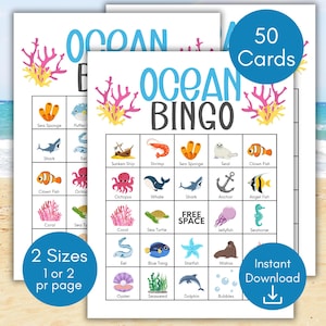 Oceaanbingo, onderwaterbingo, 50 afdrukbare oceaanbingokaarten, nautisch verjaardagsfeestje, oceaanactiviteit, oceaanspel, afdrukbare bingo