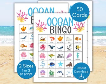 May include: Ocean Bingo game with 50 cards featuring images of sea creatures, coral, and other ocean-themed items. The cards are designed for a bingo game and include a free space. The text "Ocean Bingo" is in blue and white letters with a coral reef design.