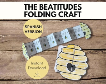 May include: A folding craft titled "The Beatitudes" in Spanish, featuring a segmented strip with text and bee illustrations, and a separate honeycomb-shaped piece. The words "Instant Download" are also visible.