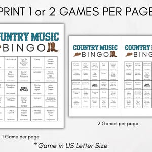 Puede incluir: Dos tarjetas de bingo de m&uacute;sica country imprimibles con un dise&ntilde;o de botas de vaquero y sombrero. Las tarjetas est&aacute;n dise&ntilde;adas para imprimirse en papel tama&ntilde;o carta de EE. UU. Las tarjetas presentan una variedad de canciones y artistas de m&uacute;sica country.