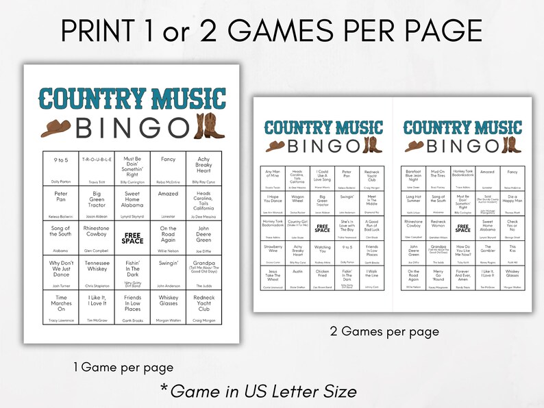 Puede incluir: Dos tarjetas de bingo de m&uacute;sica country imprimibles con un dise&ntilde;o de botas de vaquero y sombrero. Las tarjetas est&aacute;n dise&ntilde;adas para imprimirse en papel tama&ntilde;o carta de EE. UU. Las tarjetas presentan una variedad de canciones y artistas de m&uacute;sica country.