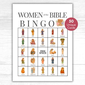 May include: A Women of the Bible Bingo game card featuring a grid of illustrations depicting various biblical figures with their names printed below each character. A red circular badge in the top right corner states 50 Unique Cards.