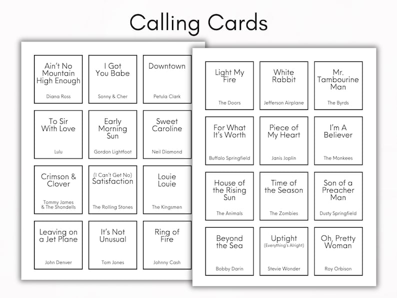 60s Music Bingo, 1960s Game, Music Bingo Game, 60s party, 60s party games, 1960s Playlist, Throwback Birthday party, 300 Music Bingo Cards image 3