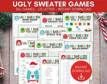 May include: A collection of printable Ugly Sweater Games for a holiday party. The games include word searches, lyric finishers, and more. The games are printed on white paper with colorful graphics and text. The text on the image reads "Ugly Sweater Games", "30+ Games - US Letter - Instant Download", and "Instant Download".