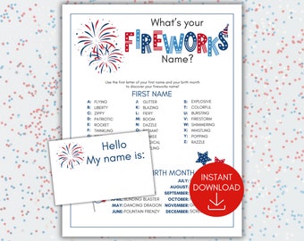What's Your Fireworks Name Game with Nametags and Sign, July 4th Games, 4th of July Party Game, Independence Day, Memorial Day, Kids & Adult