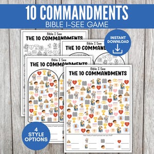 Puede incluir: Una pila de hojas imprimibles del juego Bíblico I-See con el texto "10 COMMANDMENTS" y "Bible I-See Game" en azul. Las hojas presentan ilustraciones y el texto "THE 10 COMMANDMENTS". Un círculo azul indica "DESCARGA INSTANTÁNEA".