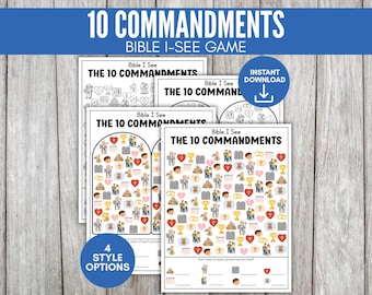 May include: A stack of printable Bible I-See game sheets with the text "10 COMMANDMENTS" and "Bible I-See Game" in blue. The sheets feature illustrations and the text "THE 10 COMMANDMENTS". A blue circle indicates "INSTANT DOWNLOAD".