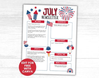 July Classroom Newsletter Template, Summer School Newsletter, Daycare Newsletter, July Newsletter, July 4th Email, Independence Day