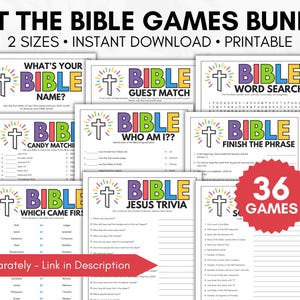 May include: A collection of printable Bible games, including word searches, trivia, and matching games. The colorful designs feature the word "BIBLE" in various colors with a cross graphic. The bundle includes 36 games and is available in 2 sizes.