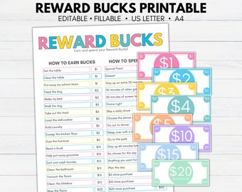 Editable Reward Bucks Printable, Chore Bucks, Printable Mom Bucks, Reward System for Kids, Good Behavior Bucks, Play Money, Allowance