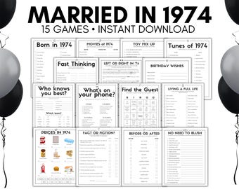 Peut inclure: Un ensemble de 15 jeux imprimables pour une fête sur le thème de 1974. Les jeux comprennent "Né en 1974", "Films de 1974", "Mélange de jouets", "Musiques de 1974", "Pensée rapide", "À gauche ou à droite en 74", "Vœux d'anniversaire", "Qui vous connaît le mieux ?", "Quoi sur votre téléphone ?", "Trouvez l'invité", "Vivre une vie pleine", "Prix en 1974", "Réalité ou fiction ?", "Avant ou après", et "Pas besoin de rougir".
