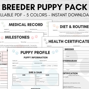 Paquete de cachorros de criador, formularios de criador de perros, formularios de criador rellenables, registro de salud del cachorro, perfil del cachorro, vacunación de cachorros, depósito de cachorros