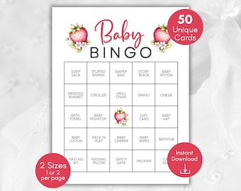 Berry Baby Shower Bingo, Prefilled Strawberry Baby Shower Bingo, Strawberry Theme, Strawberry Baby Shower Activity, Baby Berry Shower