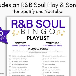 May include: A white R&B Soul Bingo playlist with a purple star that says "60 Songs". The playlist includes a song list for Spotify and YouTube. The title "R&B Soul Bingo" is in large purple letters.