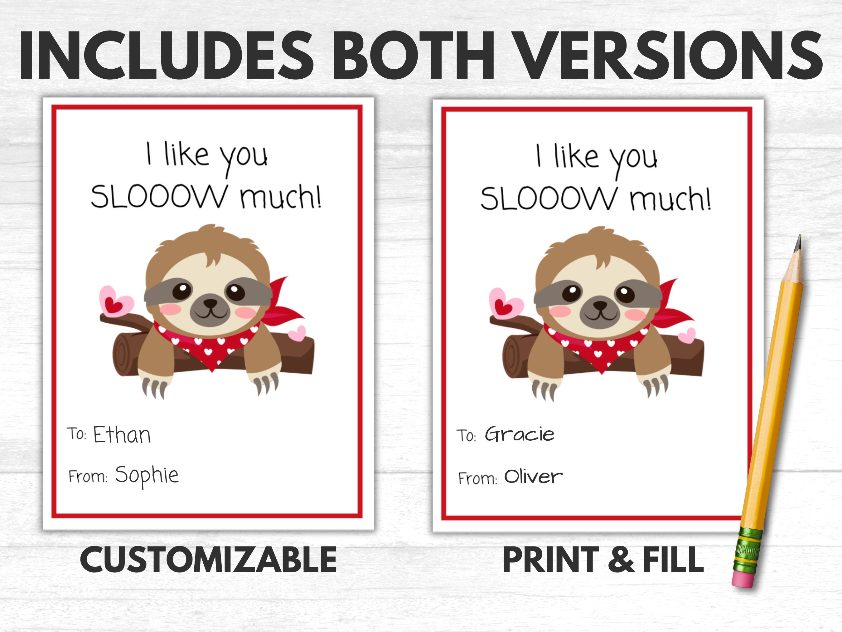 Sloth Valentine Card Printable Kids Classroom Valentines Instant Download Customizable