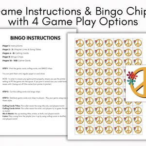 May include: Two pages of game instructions and bingo chips with a peace sign design. The text reads "Game Instructions & Bingo Chips with 4 Game Play Options" and "Bingo Instructions". The bingo chips have a yellow peace sign with colorful flowers.