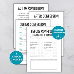Peut inclure: Plusieurs feuilles de travail imprimables avec des titres tels que "Acte de contrition" et "Avant la confession". Les feuilles de travail comportent des listes de contrôle et des invites. Un cercle turquoise indique "5 choix de couleurs".
