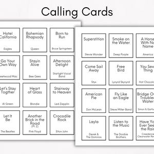 May include: Two sheets of white calling cards with song titles and artist names. The cards feature popular songs like "Hotel California" by Eagles, "Bohemian Rhapsody" by Queen, and "Superstition" by Stevie Wonder. The text "Calling Cards" is at the top.