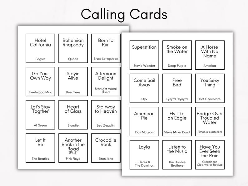 May include: Two sheets of white calling cards with song titles and artist names. The cards feature popular songs like "Hotel California" by Eagles, "Bohemian Rhapsody" by Queen, and "Superstition" by Stevie Wonder. The text "Calling Cards" is at the top.