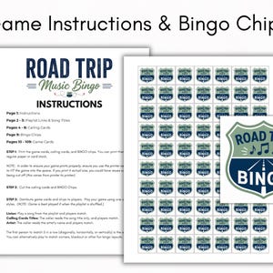 May include: A set of Road Trip Music Bingo game instructions and bingo chips. The instructions detail how to play the game. The bingo chips feature a road sign design with the words "Road Trip Bingo".