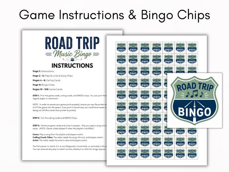 May include: A set of Road Trip Music Bingo game instructions and bingo chips. The instructions detail how to play the game. The bingo chips feature a road sign design with the words "Road Trip Bingo".