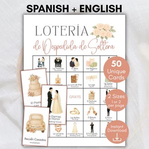 May include: A Loter&iacute;a de Despedida de Soltera game card set featuring bilingual Spanish and English text, watercolor illustrations of wedding-themed icons, and three smaller individual game cards layered in front of the main grid board.