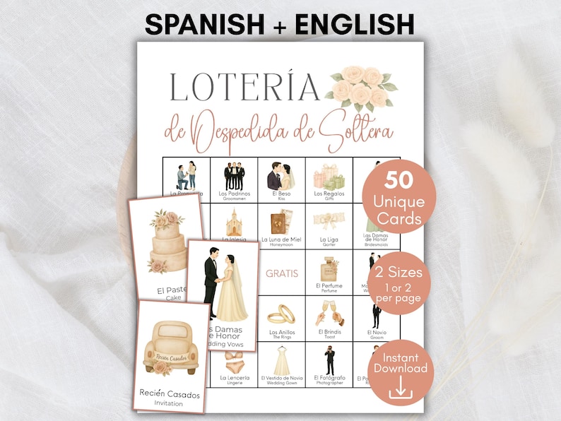 May include: A Loter&iacute;a de Despedida de Soltera game card set featuring bilingual Spanish and English text, watercolor illustrations of wedding-themed icons, and three smaller individual game cards layered in front of the main grid board.