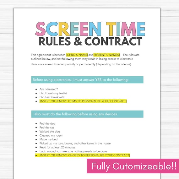 Screen Time Rules, Screen Time Contract,