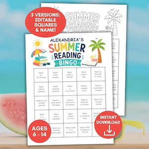 May include: Summer Reading Bingo printable game with colorful graphics. The game includes editable squares and a name field. The design features a beach theme with a watermelon slice, sunglasses, and the text "Instant Download."