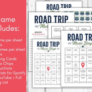May include: A set of white paper sheets printed with "ROAD TRIP Music Bingo" in navy blue. The game includes calling cards, bingo chips, instructions, and Spotify and YouTube playlists. The game cards feature song titles.